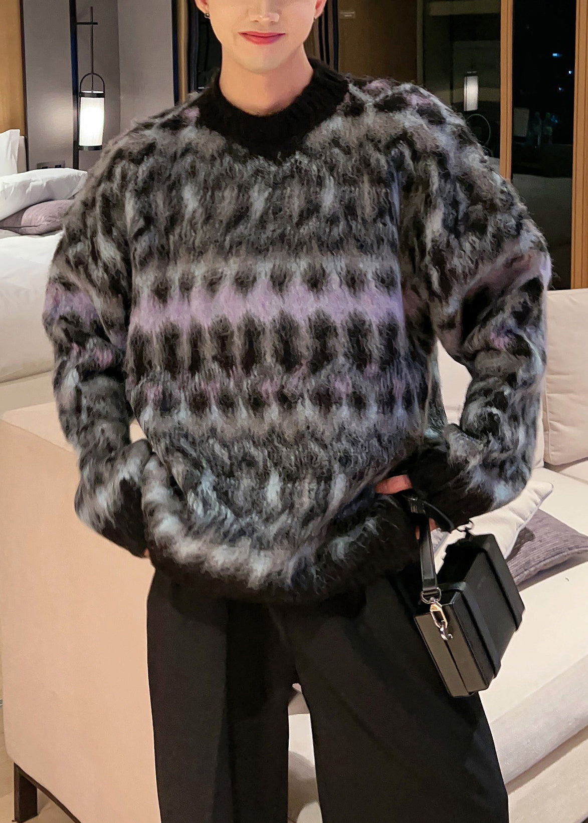 Black Cozy Patchwork Cotton Knit Fall Sweaters O Neck