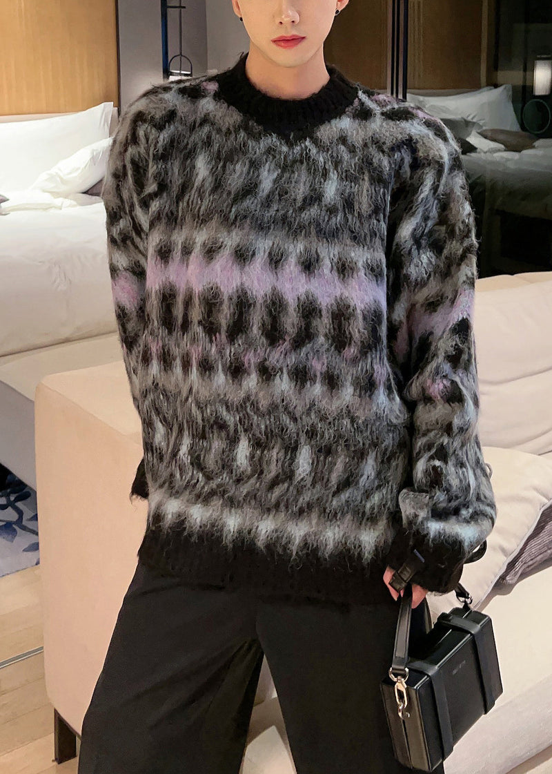 Black Cozy Patchwork Cotton Knit Fall Sweaters O Neck
