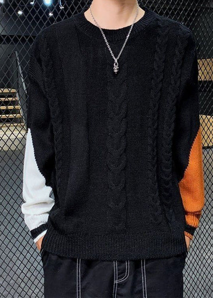 Black Cozy Patchwork Knit Sweater O Neck