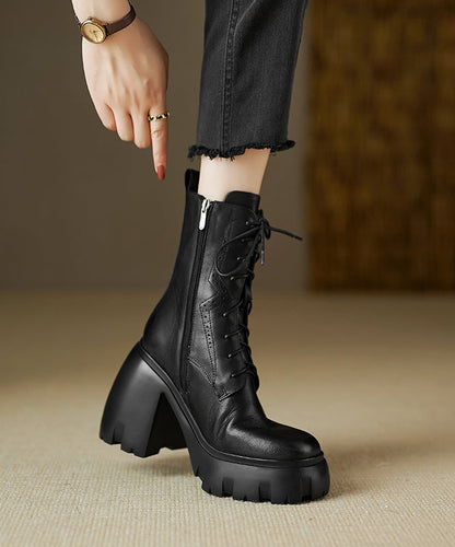 Black Cross Strap Splicing Cowhide Leather Chunky Boots