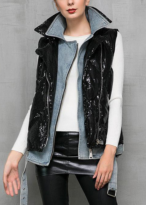 Black Denim Patchwork Cotton Blend Waistcoat Peter Pan Collar Winter