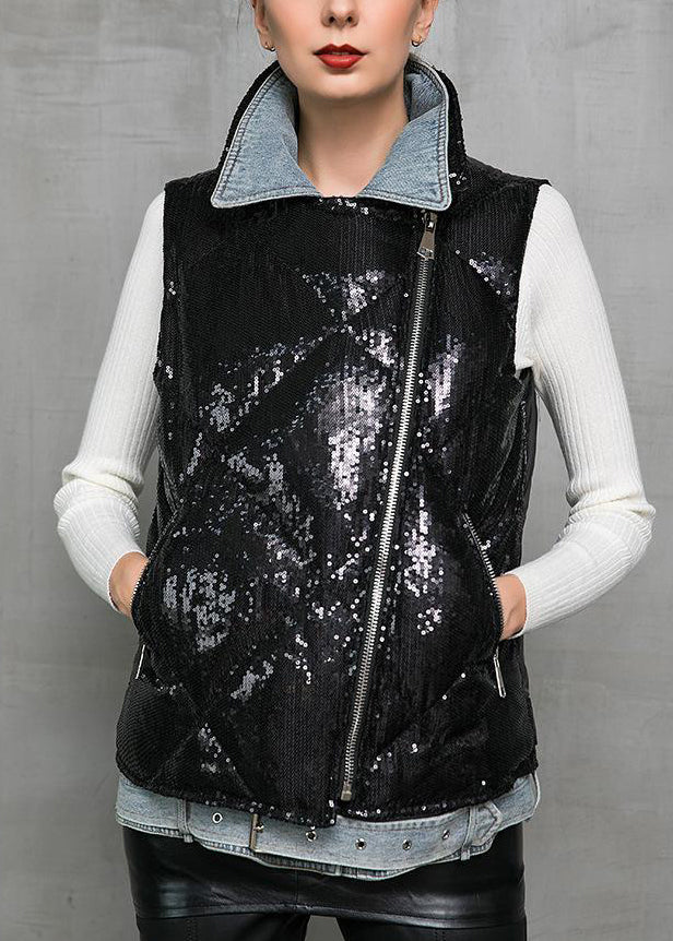 Black Denim Patchwork Cotton Blend Waistcoat Peter Pan Collar Winter