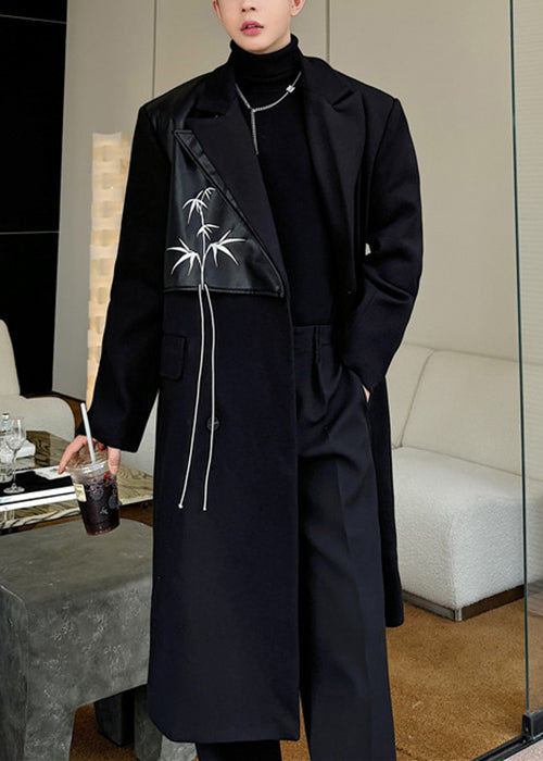 Black Double Breast Pockets Woolen Coats Notched Winter