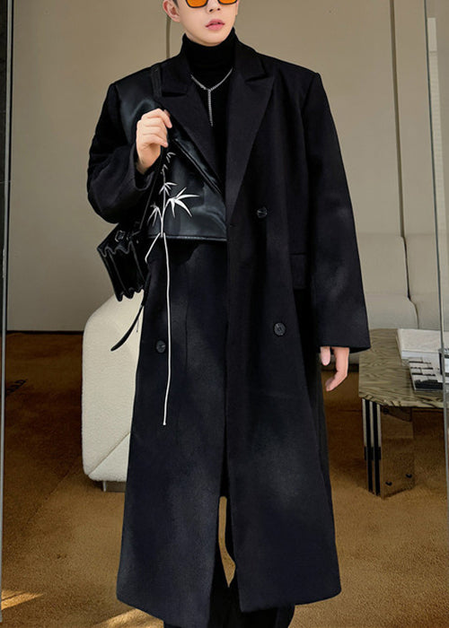 Black Double Breast Pockets Woolen Coats Notched Winter