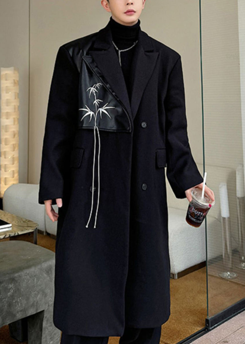 Black Double Breast Pockets Woolen Coats Notched Winter