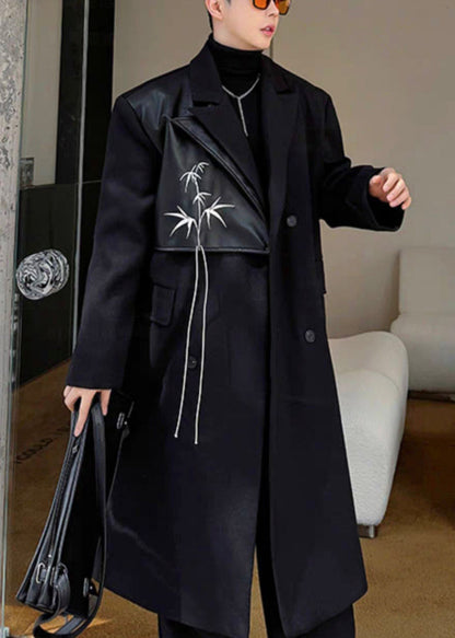 Black Double Breast Pockets Woolen Coats Notched Winter