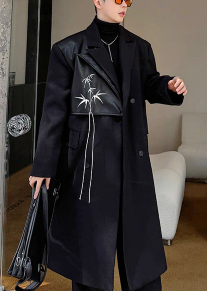 Black Double Breast Pockets Woolen Coats Notched Winter