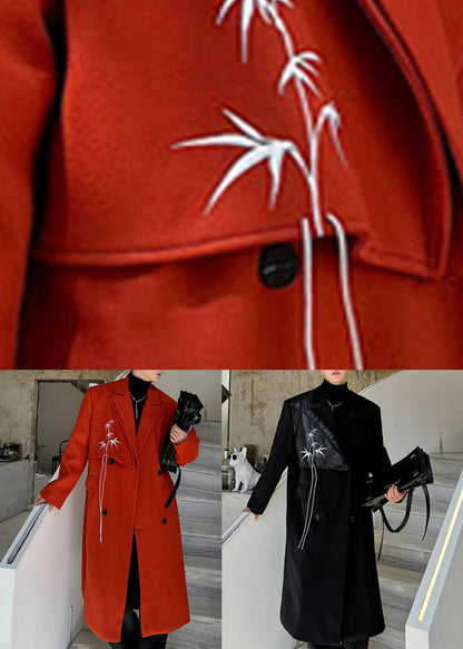 Black Double Breast Pockets Woolen Coats Notched Winter