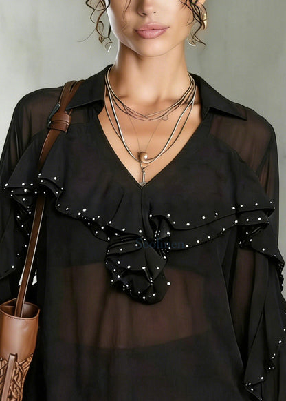Black Draping Chiffon Shirt Tops Ruffled Nail Bead Spring