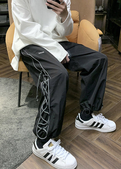 Black Drawstring Cotton Beam Pants High Waist