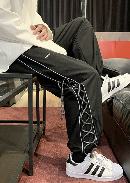 Black Drawstring Cotton Beam Pants High Waist