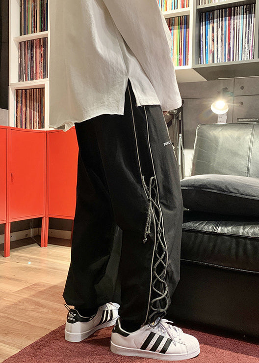 Black Drawstring Cotton Beam Pants High Waist