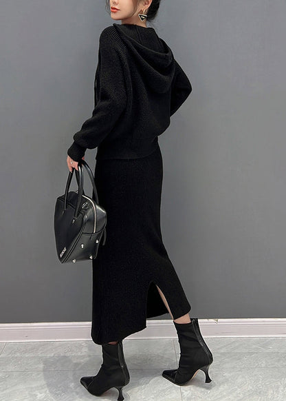 Black Drawstring Hooded Knit Sweaters and Maxi Skirts Two Piece Set Winter
