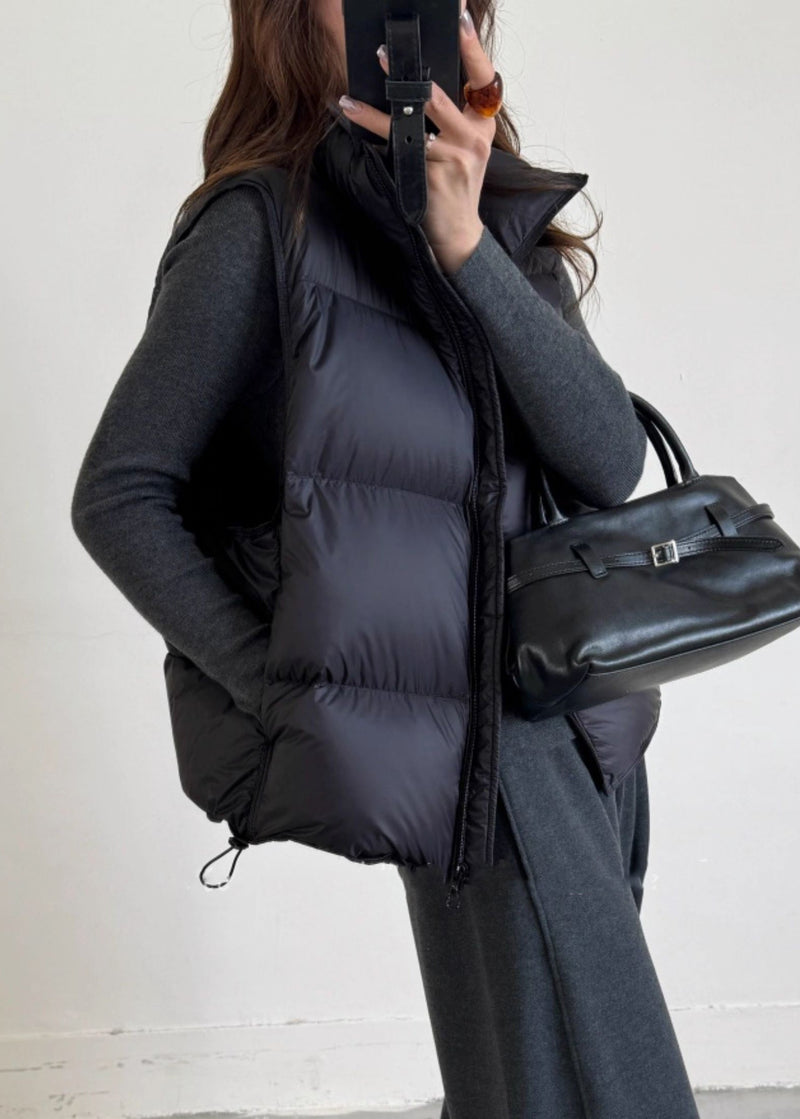 Black Drawstring Duck Down Winter Waistcoat Zip Up