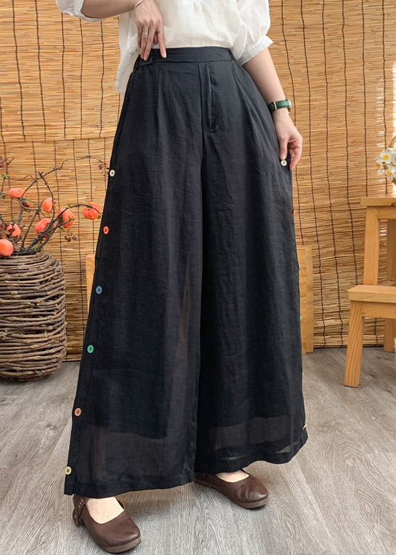 Black Elastic Waist Linen Wide Leg Pants