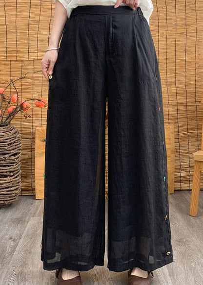 Black Elastic Waist Linen Wide Leg Pants