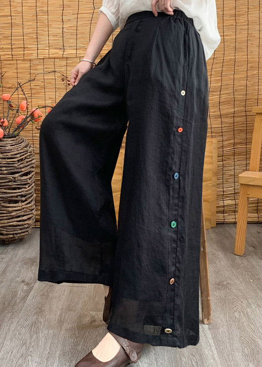 Black Elastic Waist Linen Wide Leg Pants