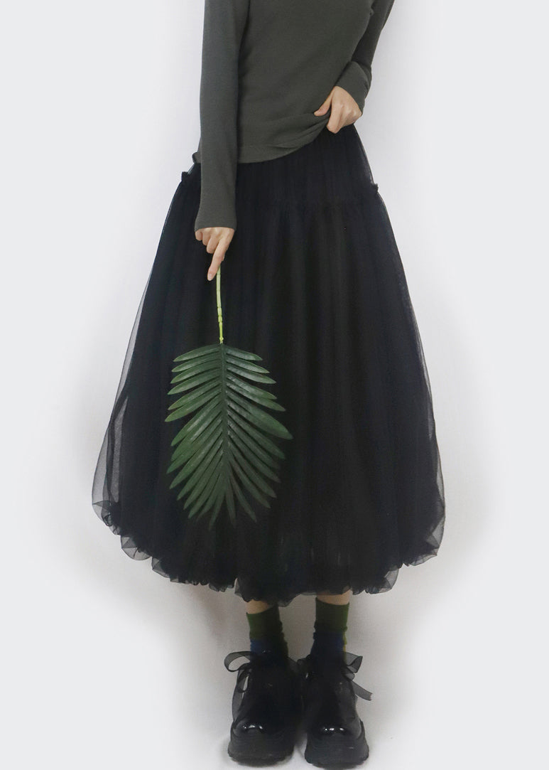 Black Elastic Waist Tulle Bud Skirt Ruffled