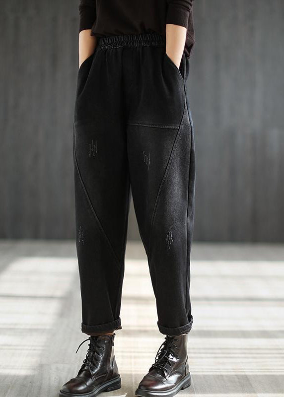Black Elastic Waist Thick Warm Fleece Pockets Denim Harem Pants Winter