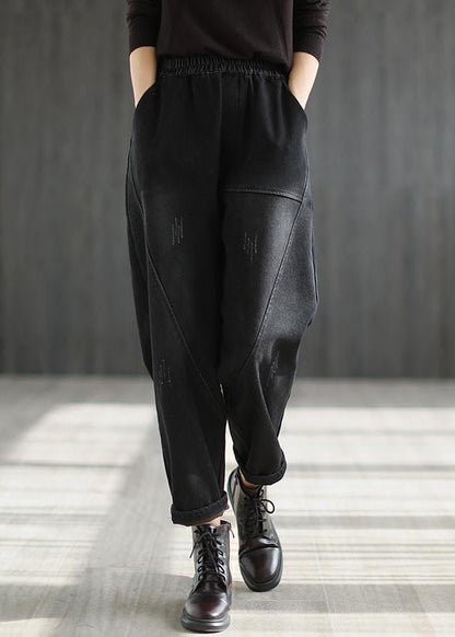 Black Elastic Waist Thick Warm Fleece Pockets Denim Harem Pants Winter