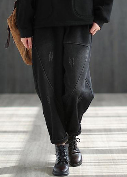 Black Elastic Waist Thick Warm Fleece Pockets Denim Harem Pants Winter