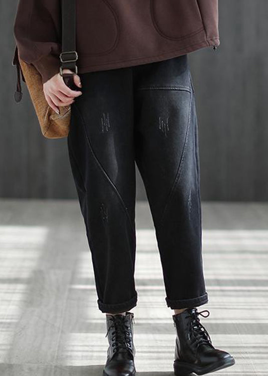 Black Elastic Waist Thick Warm Fleece Pockets Denim Harem Pants Winter
