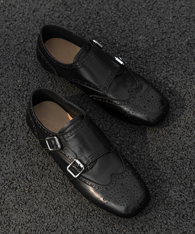 Black Embossed Cowhide Leather Splicing Loafers for