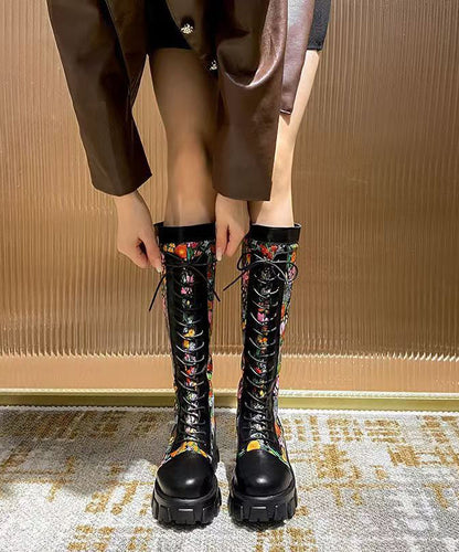 Black Embossed Splicing Platform Boots Lace Up