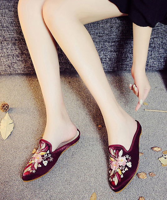 Black Embroideried Cotton Fabric Pointed Toe Slide Sandals