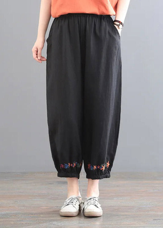 Black Embroideried Elastic Waist Harem Pants Summer