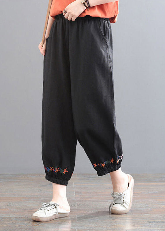 Black Embroideried Elastic Waist Harem Pants Summer