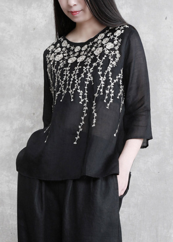 Black Embroideried Linen Top Three Quarter Sleeve