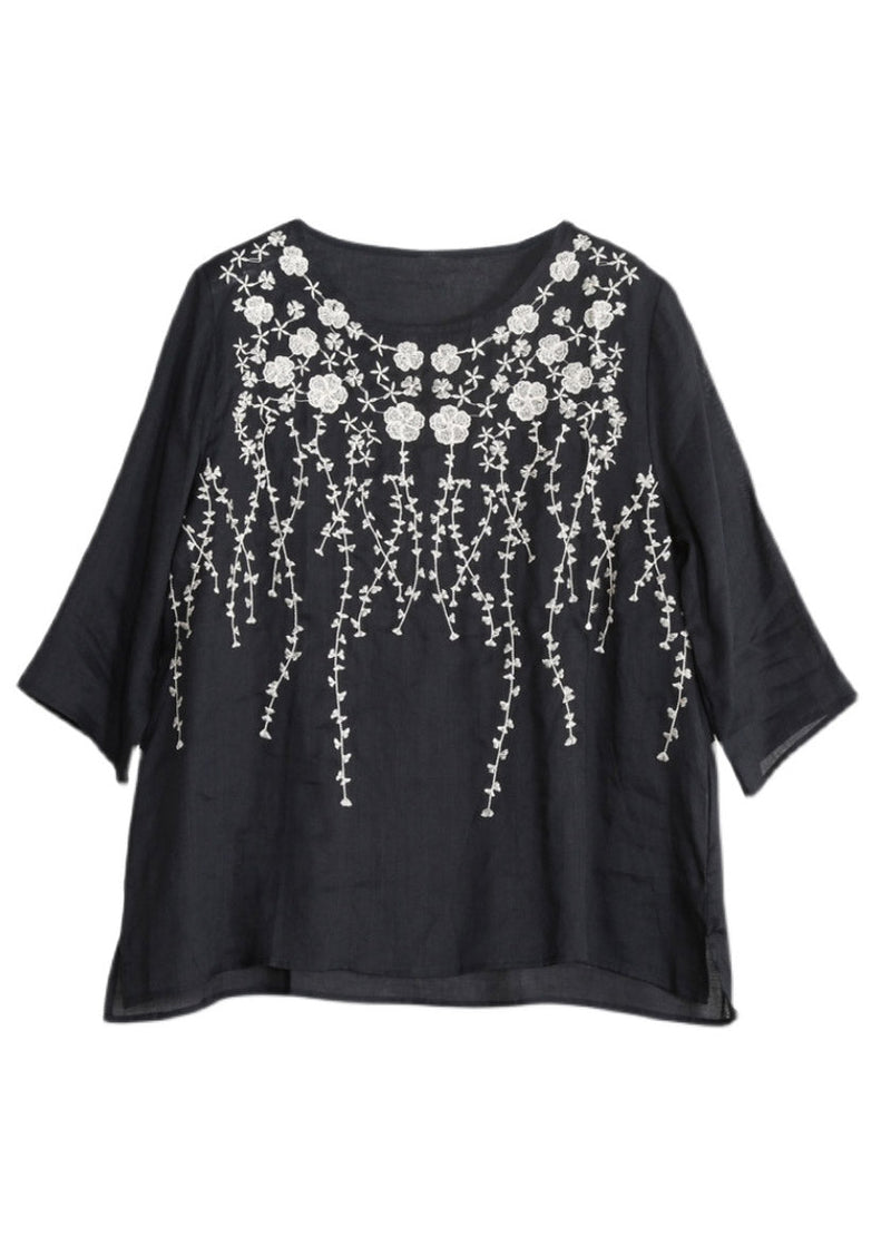 Black Embroideried Linen Top Three Quarter Sleeve