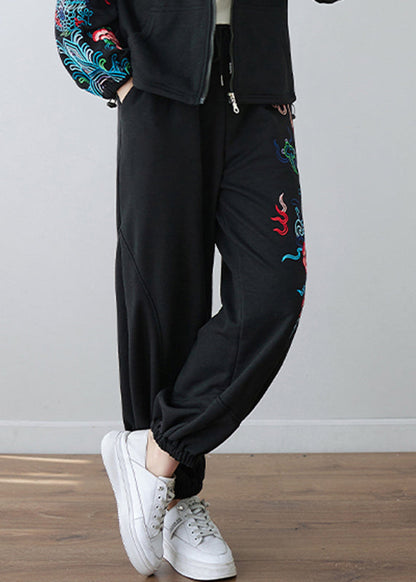 Black Embroideried Pockets Elastic Waist Pants Fall