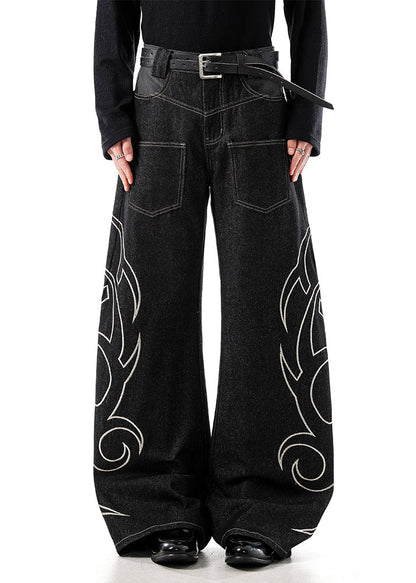 Black Embroideried Pockets Denim Wide Leg Pants High Waist