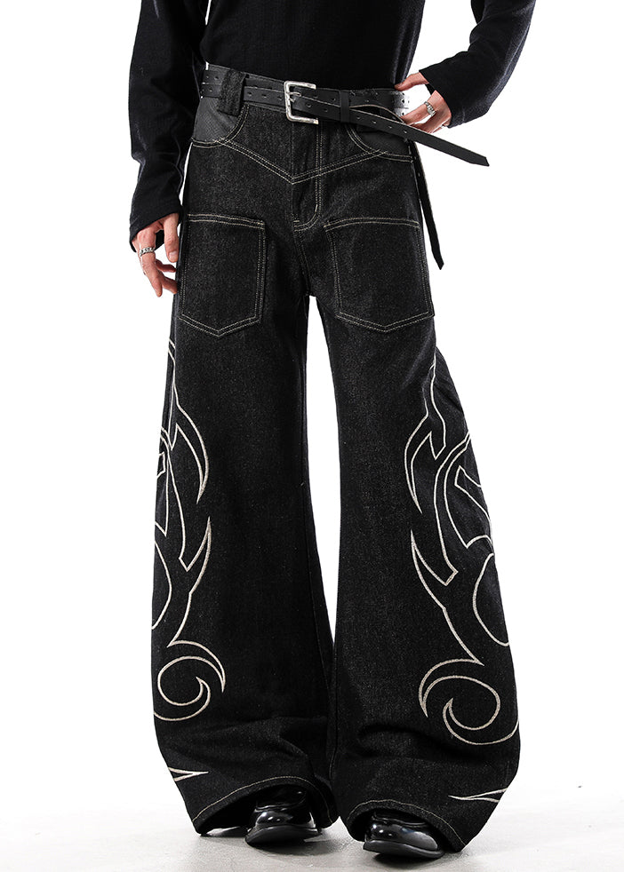 Black Embroideried Pockets Denim Wide Leg Pants High Waist