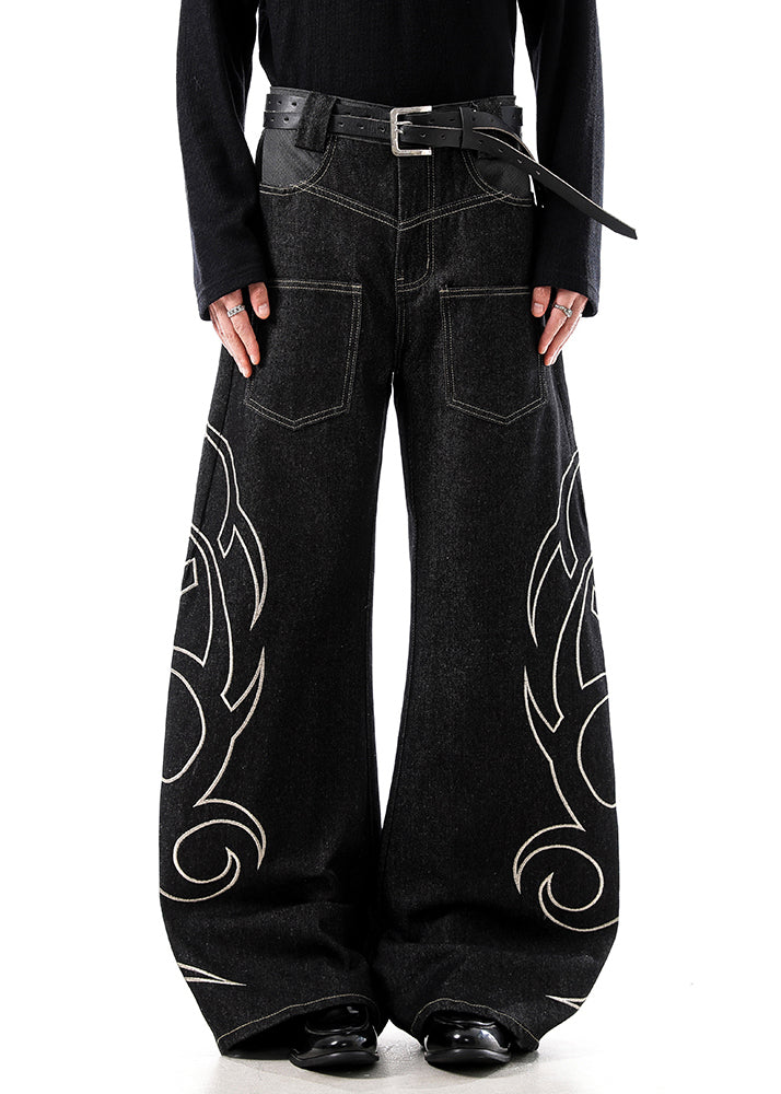Black Embroideried Pockets Denim Wide Leg Pants High Waist