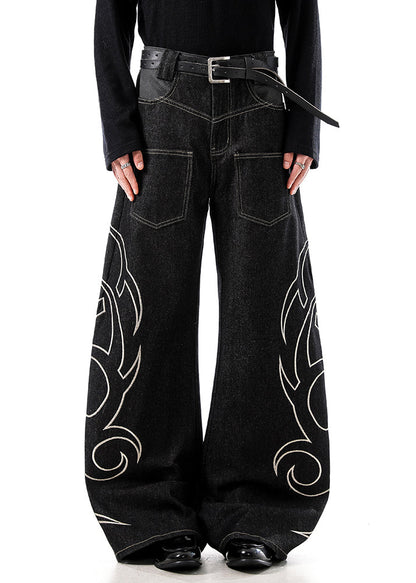 Black Embroideried Pockets Denim Wide Leg Pants High Waist