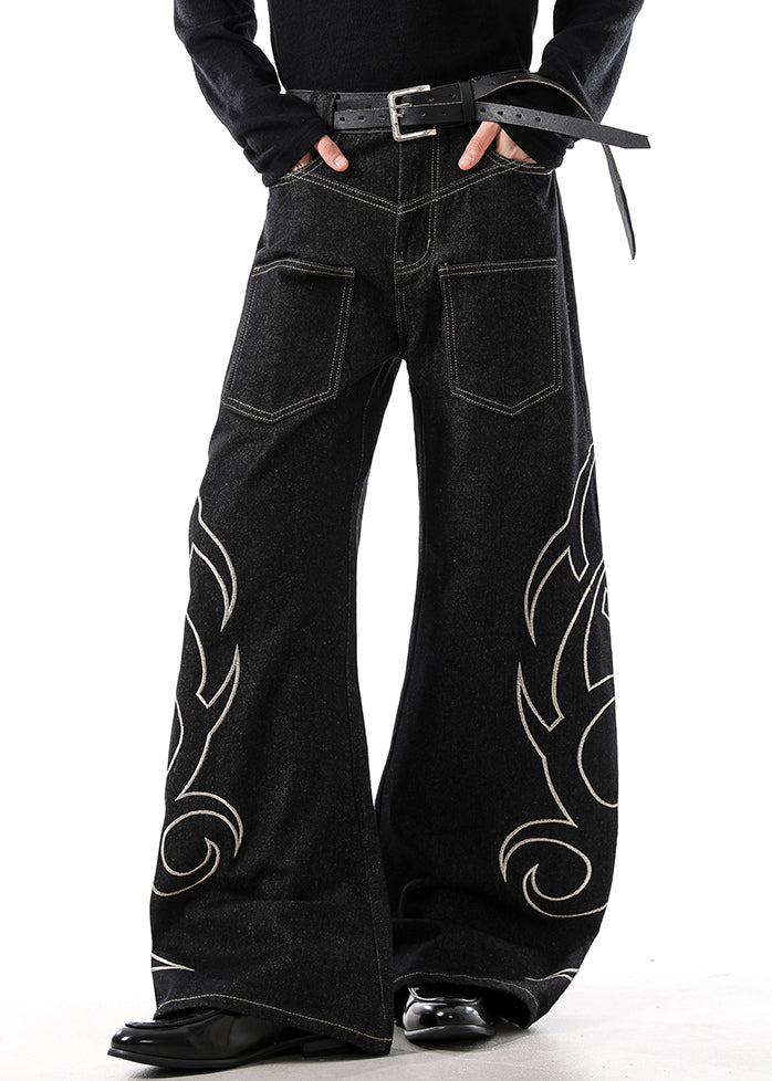 Black Embroideried Pockets Denim Wide Leg Pants High Waist