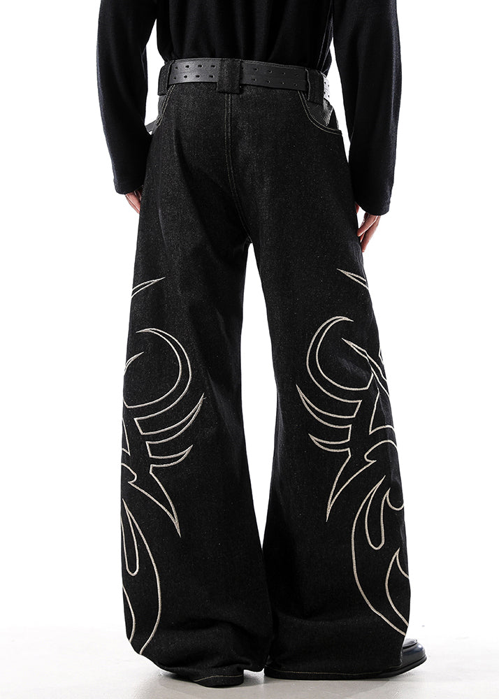 Black Embroideried Pockets Denim Wide Leg Pants High Waist