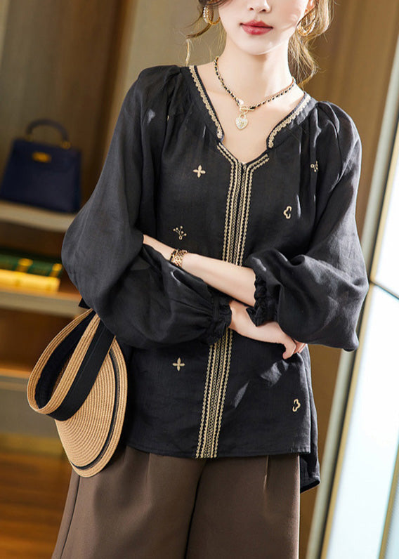 Black Embroideried Linen Top Long Sleeve