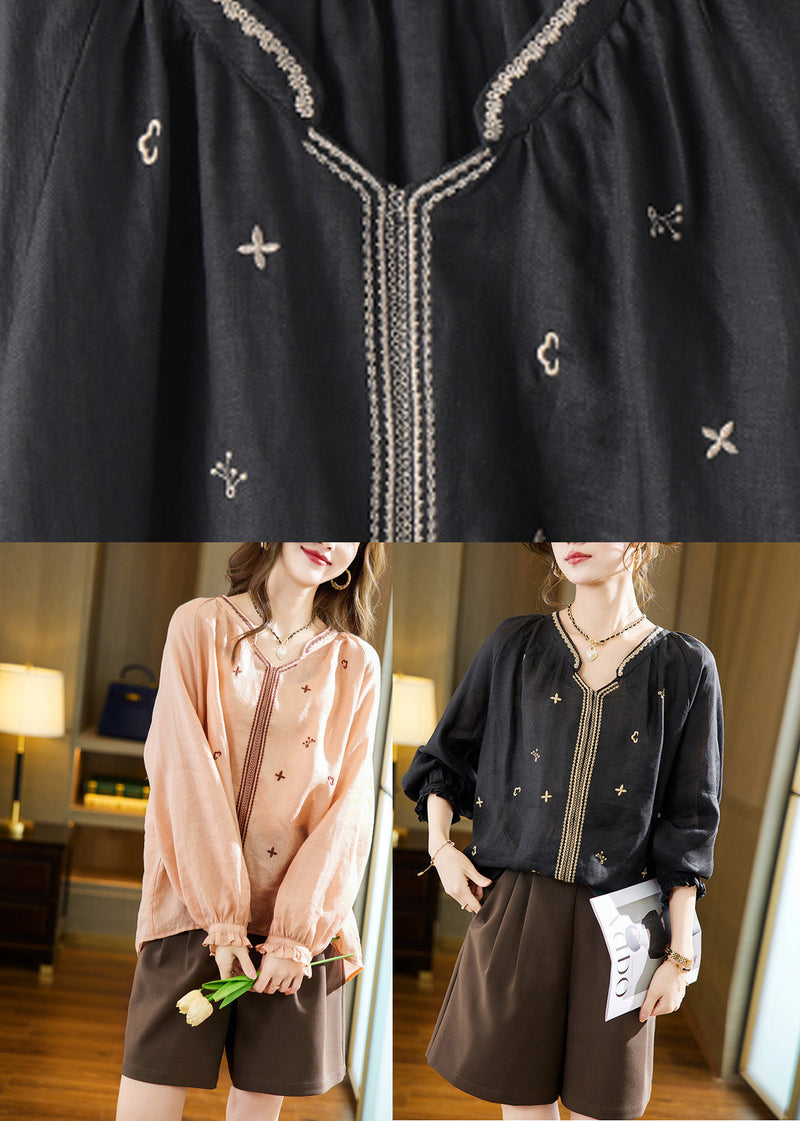 Black Embroideried Linen Top Long Sleeve