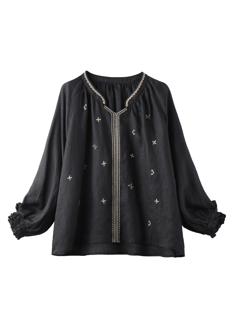 Black Embroideried Linen Top Long Sleeve