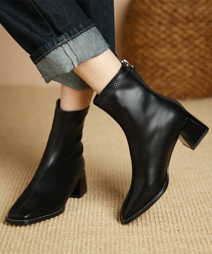Black Faux Leather Chunky Heel Boots Splicing Zippered