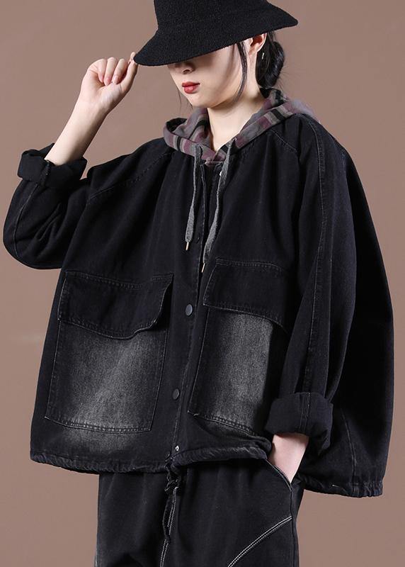 Black Trench Coat Drawstring Hooded Spring Outwear