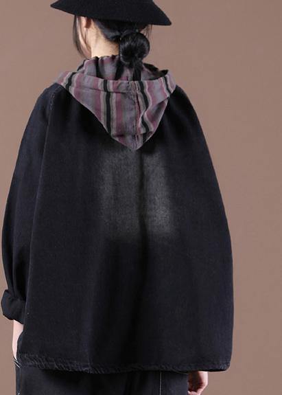 Black Trench Coat Drawstring Hooded Spring Outwear