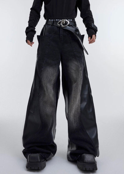 Black Faux Leather Patchwork Fared Trousers High Waist Spring