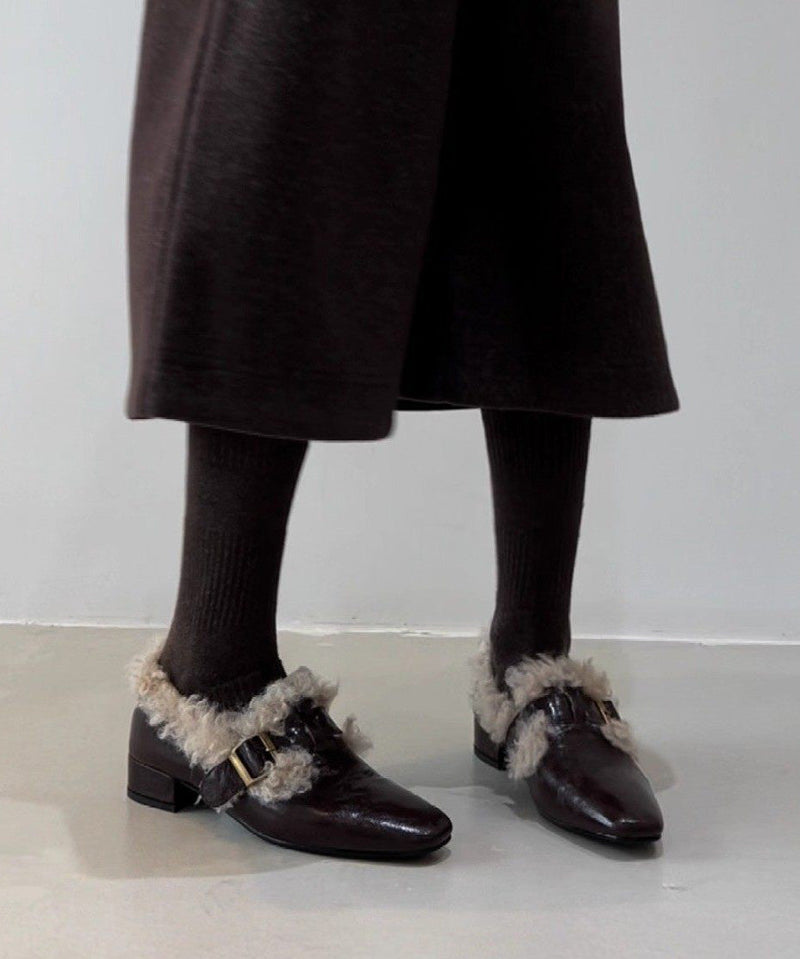 Black Faux Leather Splicing Chunky Loafer Shoes Fuzzy Wool Lined