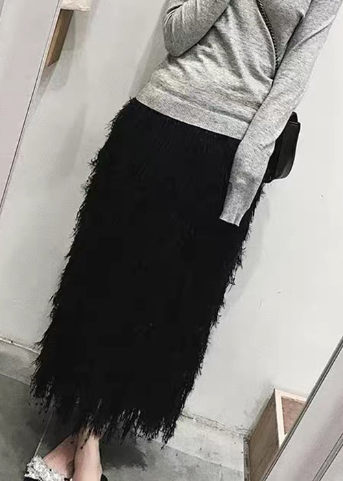 Black Feather Knit Spring Skirts High Waist