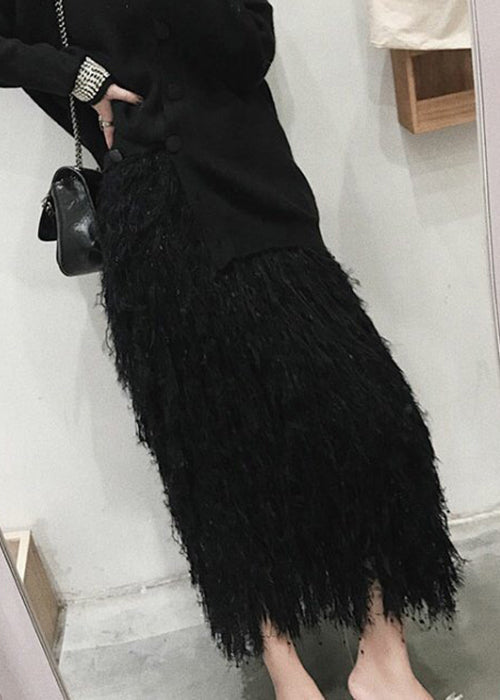 Black Feather Knit Spring Skirts High Waist